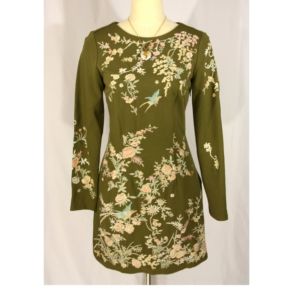 NEW Kimchi Blue Sakura Olive Green Floral Embroidered Long Sleeve Mini Dress - S - Picture 1 of 8
